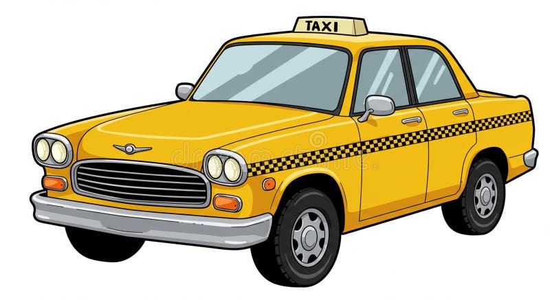 Ein gelbes Taxi im Karikaturenstil mit Vintage-Design. Das Auto hat einen schwarzen Schachbrettmuster lizenzfreie abbildung
