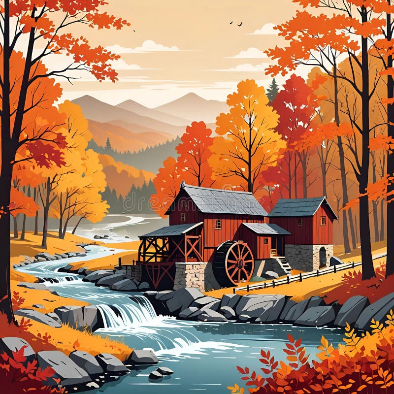 Ein Gemälde einer charmanten Wassermühle durch einen fließenden Fluss inmitten eines pulsierenden Herbstwalds. lizenzfreie abbildung