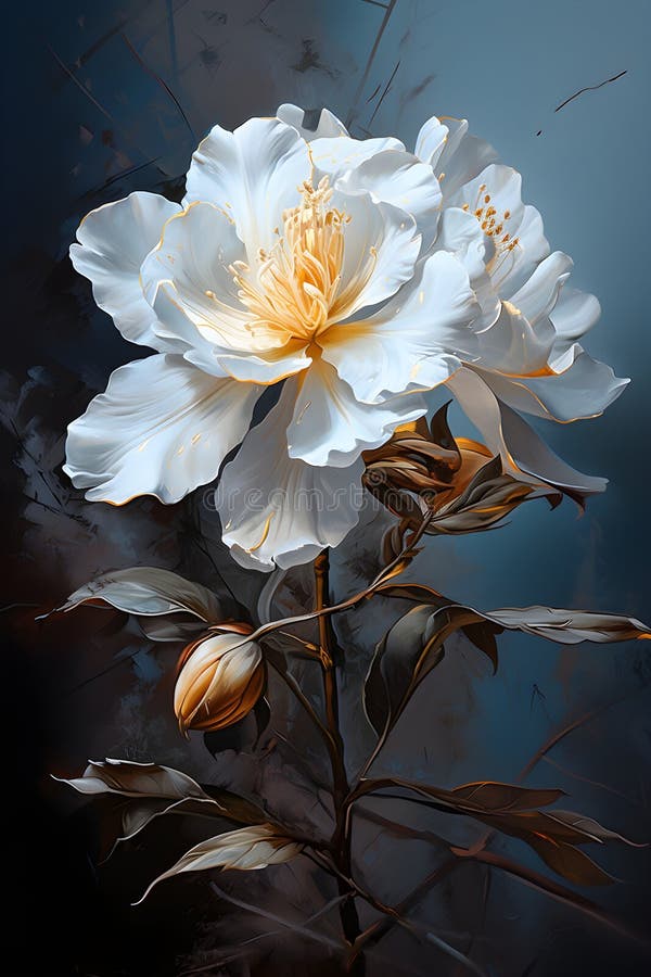 Ein Gemälde mit weißer Blume auf einem schwarzen Hintergrund, ein digitales Gemälde mit grauem Azalea, das perfekt für die Wandkun stock abbildung