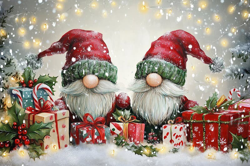 Ein gemütliches Gemälde auf weißem Hintergrund mit zwei ai. Ein gemütliches Gemälde auf weißem Hintergrund mit zwei fröhlichen Weihnachtsgnomes ai generiert