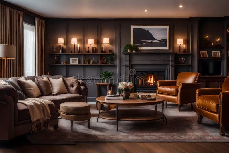 Ein gemütliches Wohnzimmer mit Kamin, ein bequemes Sofa und Familienfotos an den Wänden, perfekt für einen erholsamen Abend stock abbildung