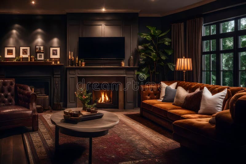 Ein gemütliches Wohnzimmer mit Kamin, ein bequemes Sofa und Familienfotos an den Wänden, perfekt für einen erholsamen Abend stock abbildung