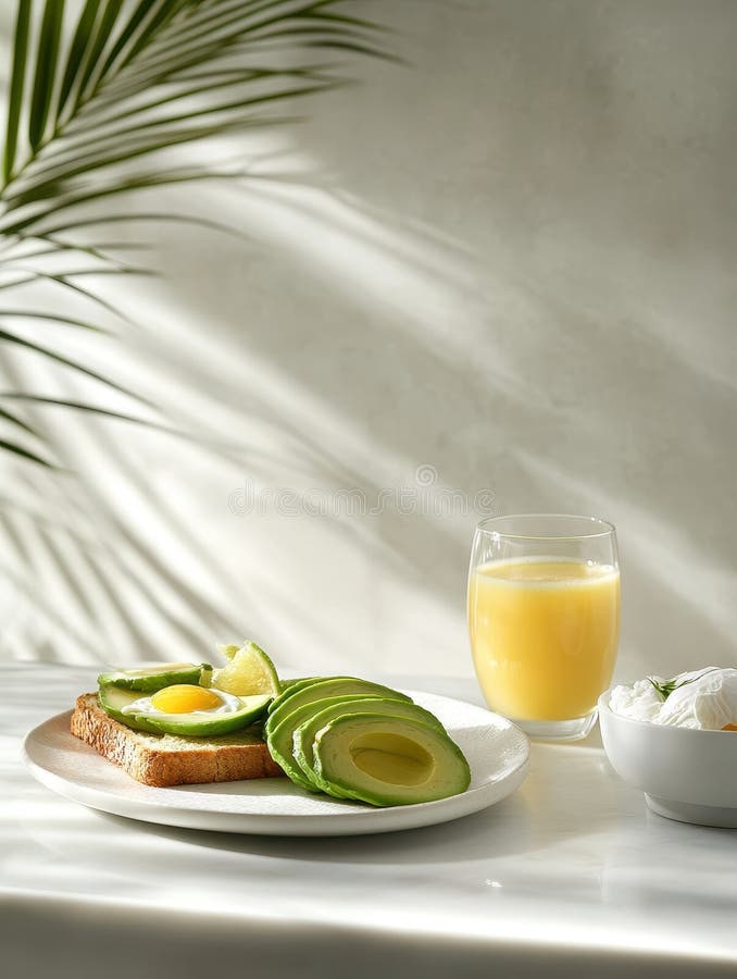 Ein gesundes Frühstück mit Avocado-Toast, einem Glas Saft und einer Schüssel Joghurt lizenzfreie abbildung