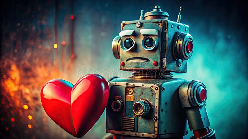 Ein gewachsenes Metallherz Eine Vintage Fotografie, die ein gebrochenes Robot Heart entfesselt Emotion und Verlust in einem vektor abbildung