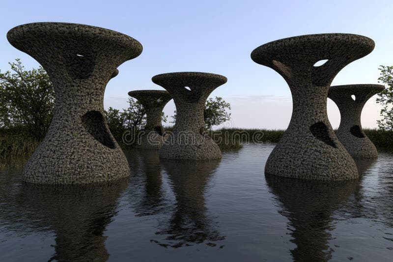 Ein gewaltiger Wasserfall liegt in einem großen grünen Wald an einer futuristischen Stadt, eingebettet in den Dschungel mit einem stockfotos