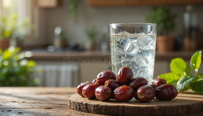 Ein Glas glitzerndes Wasser mit Eis liegt neben einem Haufen von frischen Daten auf einer Holzoberfläche, perfekt für lizenzfreies stockbild