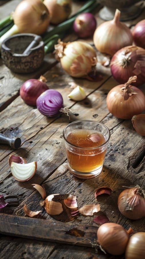 Ein Glas mit einem goldenen Zwiebelsaft ist umgeben von frischen, vibrierenden Zwiebeln in verschiedenen Varianten lizenzfreies stockbild