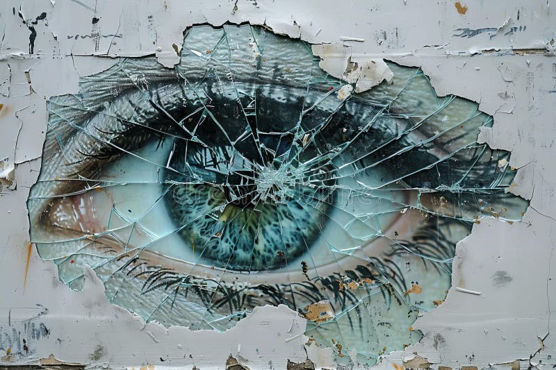 Ein Glassplitter an der Wand bildet ein Augensymbol in der Nähe. Illustration, dass ein zerbrochenes Glas an der Wand ein Augensymbol in der Nähe bildet. Diese Abbildung wird mithilfe einer KI generiert.