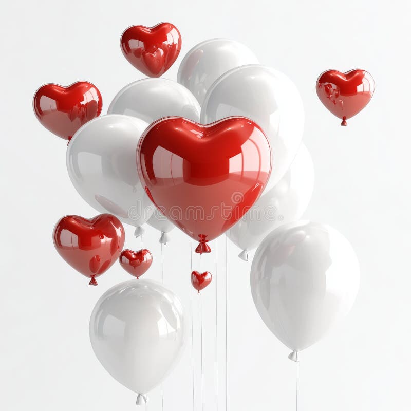 Ein glänzendes metallisches rotes Herz mit glänzendem Glanz und weißen Ballons schweben auf weißem Hintergrund in diesem 3D vektor abbildung