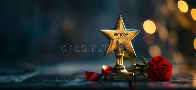 A gold star with the word victory written on it sits on a table with red flowers. Concept of accomplishment and triumph. A gold star with the word victory written on it sits on a table with red flowers. Concept of accomplishment and triumph.