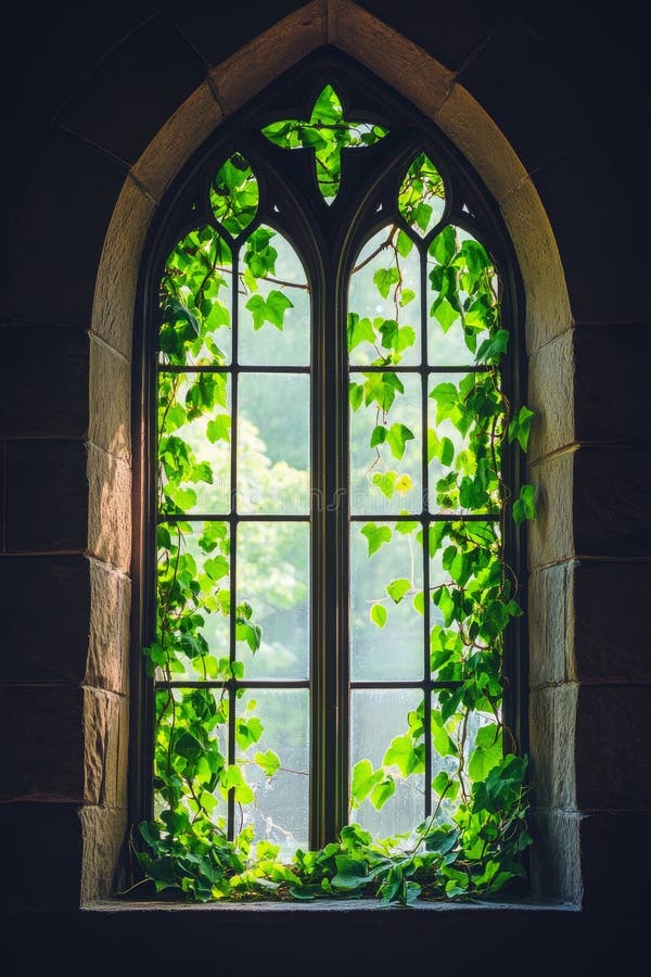 Ein gotisches Fenster mit dicken grünen Weinreben versteckt sich im Grünen. AI generiert