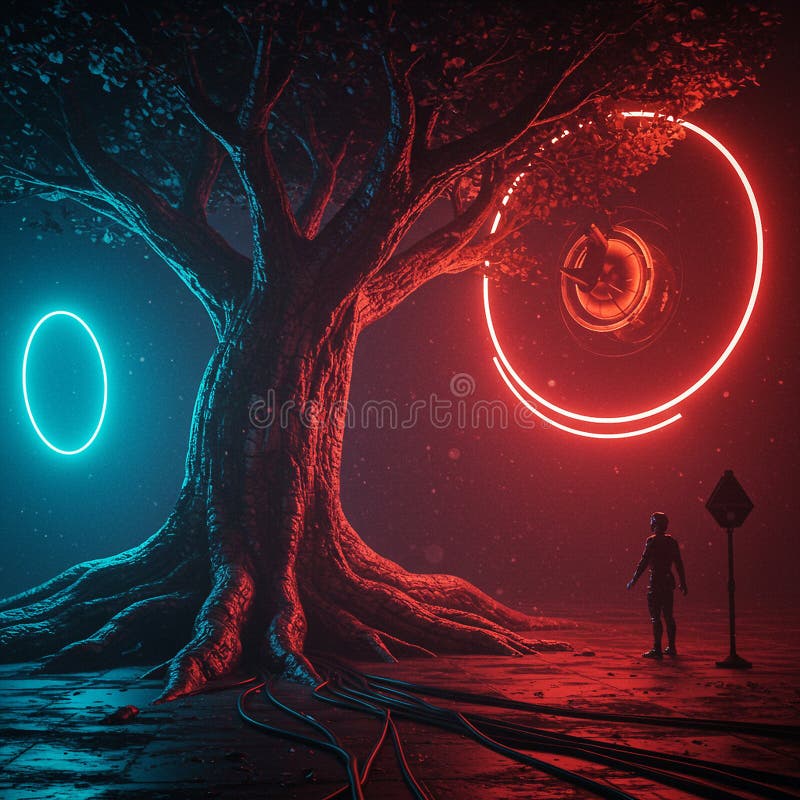 Ein großer Graubaum steht in einer surrealen, düsteren Szene. Zwei Leuchtringe eins vektor abbildung