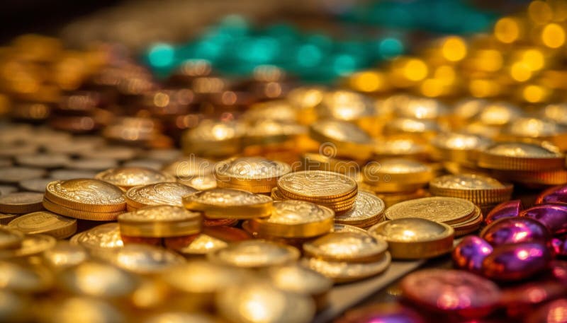 Ein großer Haufen glänzender Goldmünzen, die durch ai erzeugt werden stock abbildung