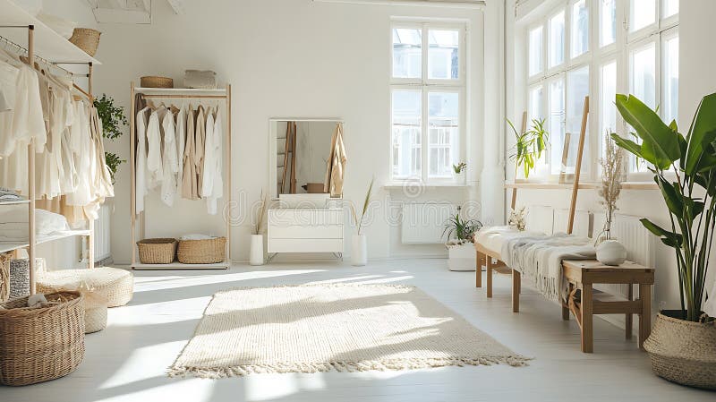 Ein großer Saal mit weißen Wänden und weißem Teppich stockfoto