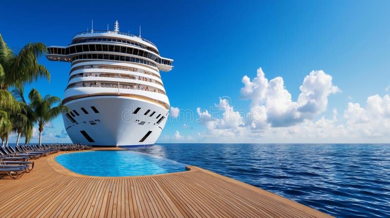 Ein großes Kreuzfahrtschiff, das an einer Anlegestelle mit Liegen und Palmen angedockt ist. Ein großes Kreuzfahrtschiff wird auf einer tropischen Insel mit Pool und Palmen ai generiert