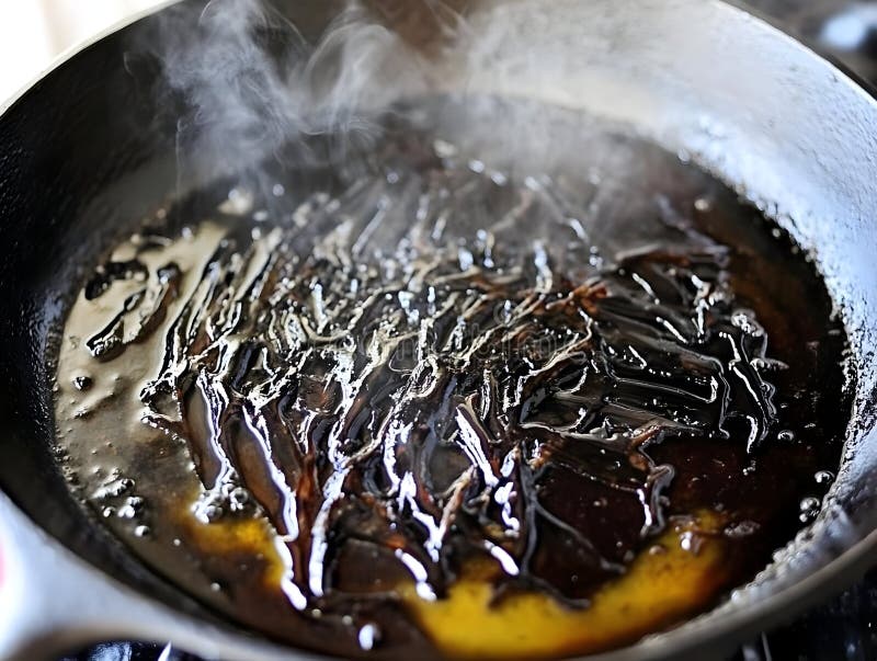 Ein Gusseisengeflecht mit dunklem öligen Rückstand und Dampf, das Kochen oder Braten anzeigt. Ein Gusseisengeflecht mit dunklem öligen Rückstand und Dampf, das zum Kochen oder zum Braten von blendendem Hintergrund dient