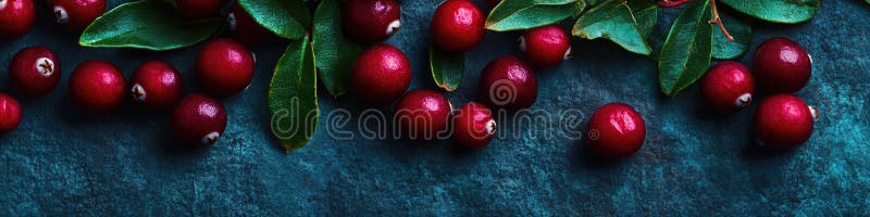 Ein Haufen frischer Cranberries, umgeben von Blättern auf blauer Oberfläche, ideal für Essen oder Dekorationen. AI generiert