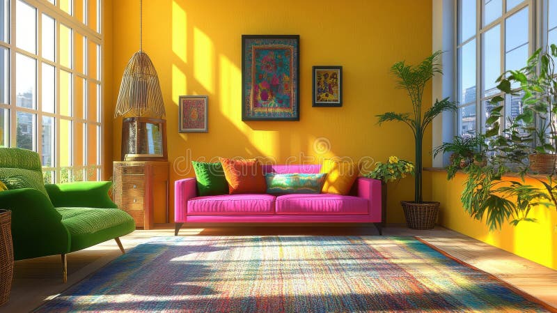 Ein helles Wohnzimmer mit rosa Sofa, farbenfrohen Kissen und elegantem Dekor.. Das Zimmer strahlt einen fröhlichen böhmischen Flai lizenzfreie abbildung
