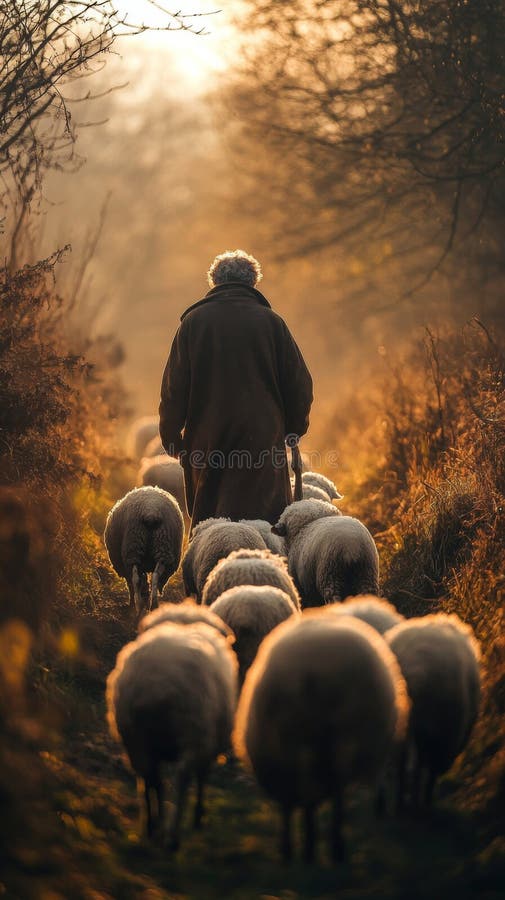 Ein Hirte führt auf einem sonnenbeschienen Weg durch eine Schafherde. Das warme Licht des Morgens unterstreicht dieses friedliche lizenzfreie stockfotos