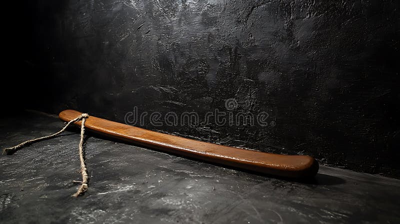 Ein Holzstock mit einem daran befestigten Seil liegt auf einer schwarzen Oberfläche stockfotografie