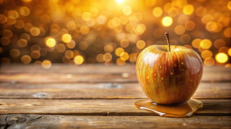 Ein honiggetauchter Apfel ruht auf rustikalen Holzleuchten, die sanft die Szene erhellen. Generative AI stock abbildung
