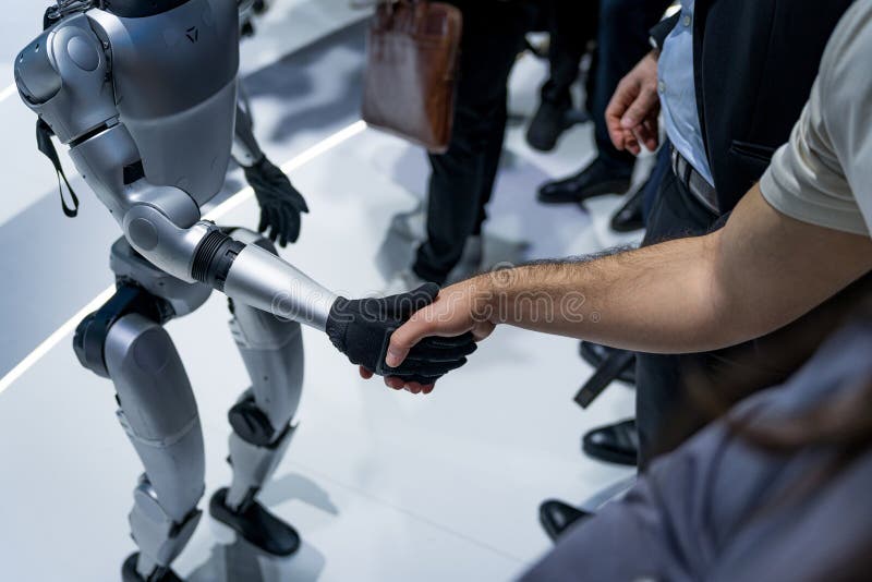 Ein humanoider Roboter der Firma Unitree wird gesehen, wie er Menschen in einem Handschlag die Hände schüttelt. Konzept der Intera stockfotografie
