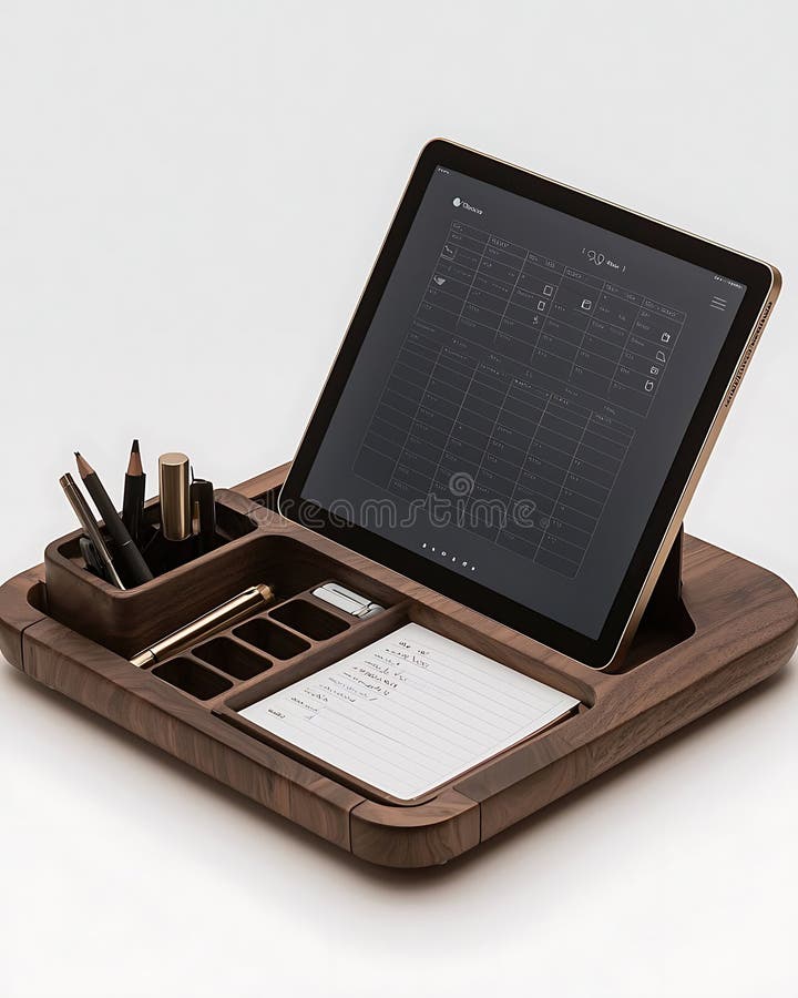 Ein hölzernes Tablett mit einem Tablett und einem Notebook darauf lizenzfreies stockbild