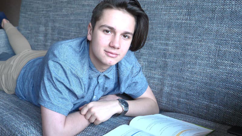 Ein hübscher Junge ein Jugendlicher liest ein Buch auf einem grauen Sofa, braune Augen stockfotos Ein hübscher Junge ein Jugendlicher liest ein Buch auf einem grauen Sofa, braune Augen stockfotos
