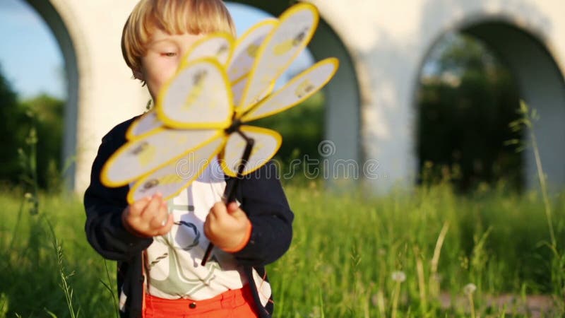 Ein hübscher kleiner Junge steht unter grünem Gras und stock video