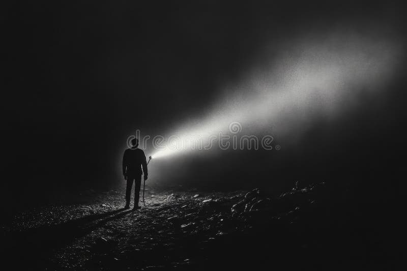 Ein im Dunkeln spazierender Mann beleuchtet den Pfad mit einem Strahl einer elektrischen Fackel lizenzfreie stockfotografie