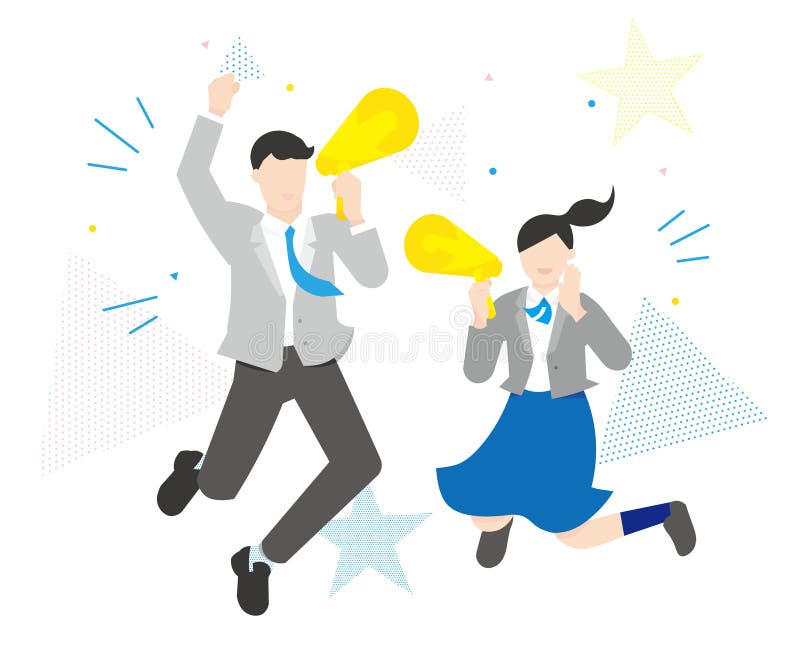 Men and women jumping with megaphones - cheering - people simple color vector illustration material-students -a boy and a girl vector illustration. Men and women jumping with megaphones - cheering - people simple color vector illustration material-students -a boy and a girl vector illustration