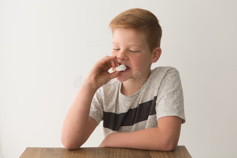 Ein junger blonder Junge isst einen einzelnen Eibisch lizenzfreie stockfotos Ein junger blonder Junge isst einen einzelnen Eibisch lizenzfreie stockfotos