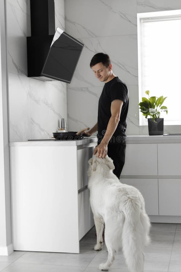 Ein junger Einzelmann kocht mit seinem Hund in der Küche. Lebenskonzept mit Haustieren stockfoto