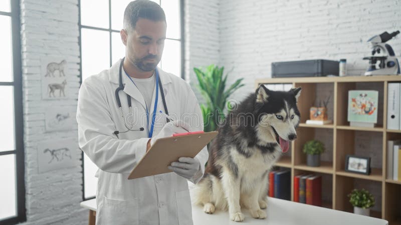 Ein junger hispanischer Mann in einem weißen Mantel schreibt auf einer Zwischenablage, während ein Husky-Hund in einer Tierarztkli stockbild