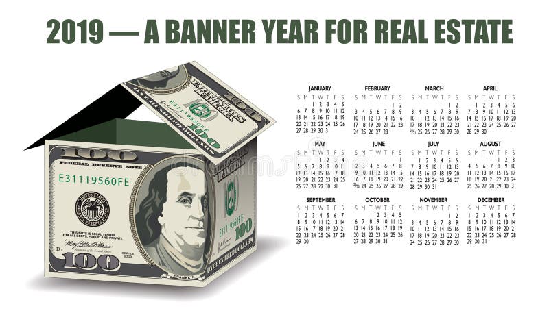 Ein Kalender der Immobilien 2019 mit einem Geldhaus lizenzfreie abbildung Ein Kalender der Immobilien 2019 mit einem Geldhaus lizenzfreie abbildung