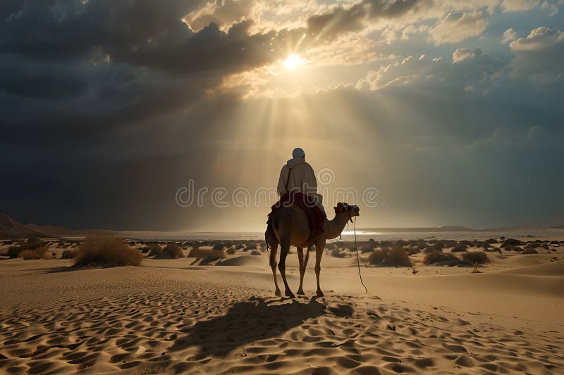 Ein Kamel an einem Strand mit einer Sanddüne im Hintergrund der Reise des Wanderer eine Geschichte vektor abbildung