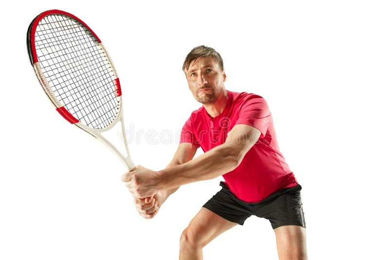Ein kaukasischer Mann, der den Tennisspieler lokalisiert auf weißem Hintergrund spielt stockbild Ein kaukasischer Mann, der den Tennisspieler lokalisiert auf weißem Hintergrund spielt stockbild