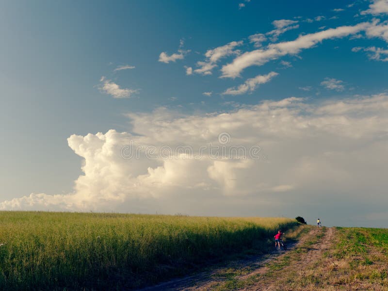 Ein Kind auf einem Fahrrad schöne weiße Wolken im Himmelfloss über dem Feld stockfoto Ein Kind auf einem Fahrrad schöne weiße Wolken im Himmelfloss über dem Feld stockfoto