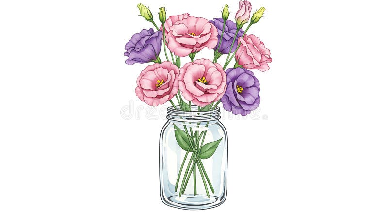 Ein klares Glas hält einen Strauß an Eustomblumen, gemeinhin bekannt als stock abbildung