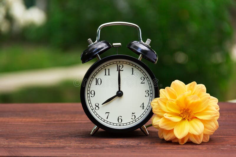 Ein klassischer schwarzer Wecker im Garten auf dem Tisch Eine Uhr auf einem grünen natürlichen Hintergrund Kopieren Sie Platz stockfotografie Ein klassischer schwarzer Wecker im Garten auf dem Tisch Eine Uhr auf einem grünen natürlichen Hintergrund Kopieren Sie Platz stockfotografie