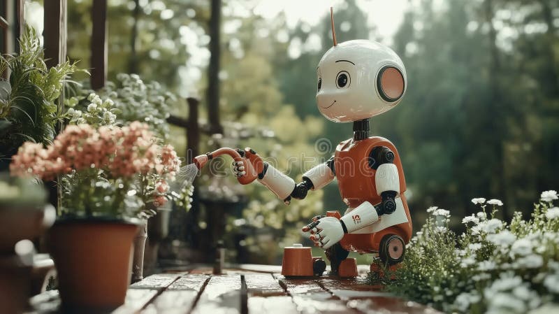 Ein kleiner humanoider Roboter mit rot-weißem Design bewässert Pflanzen auf einem Holzdeck vektor abbildung