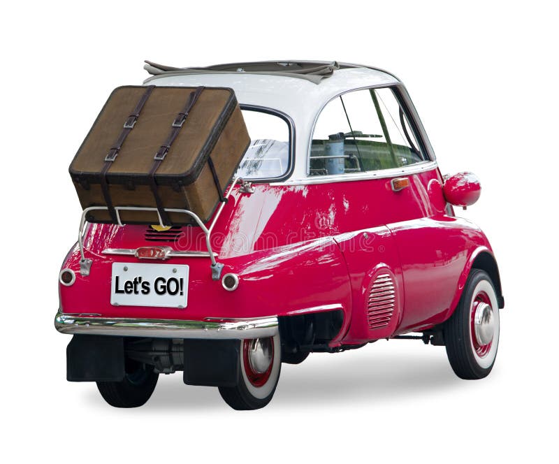 Ein Kleines Retro-Auto Mit Einem Koffer Auf Der Rückseite Ist Bereit