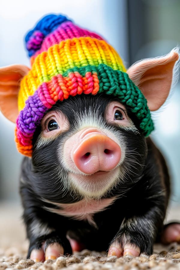 Ein kleines Schwein mit einem farbigen Strickhut lizenzfreie stockbilder