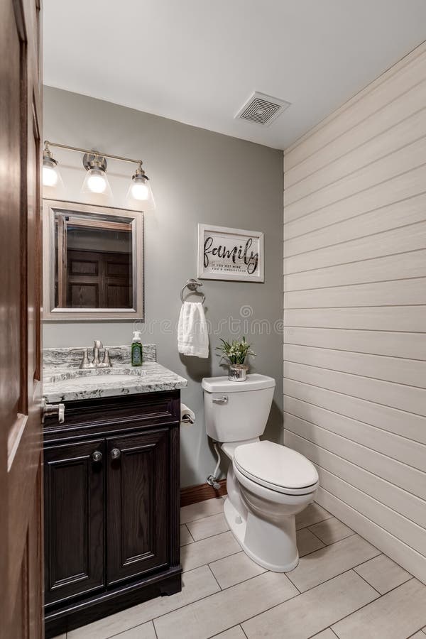 Ein kleines trauten ein halbes Badezimmer mit einer shiplap Mauer. lizenzfreies stockbild