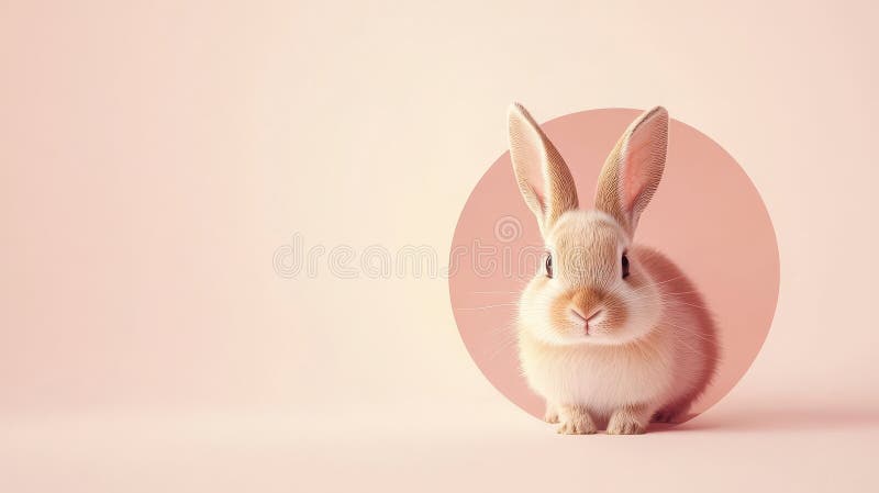 Ein kleines, zauberhaftes Kaninchen schaut aus einer runden rosa Form vor einem sanften pastellfarbenen Hintergrund hervor und fän lizenzfreie stockfotos