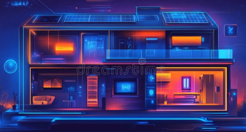 Ein kluges Zuhause für das zukünftige Erblühen mit Neonlicht in der Abenddämmerung. lizenzfreie stockfotografie