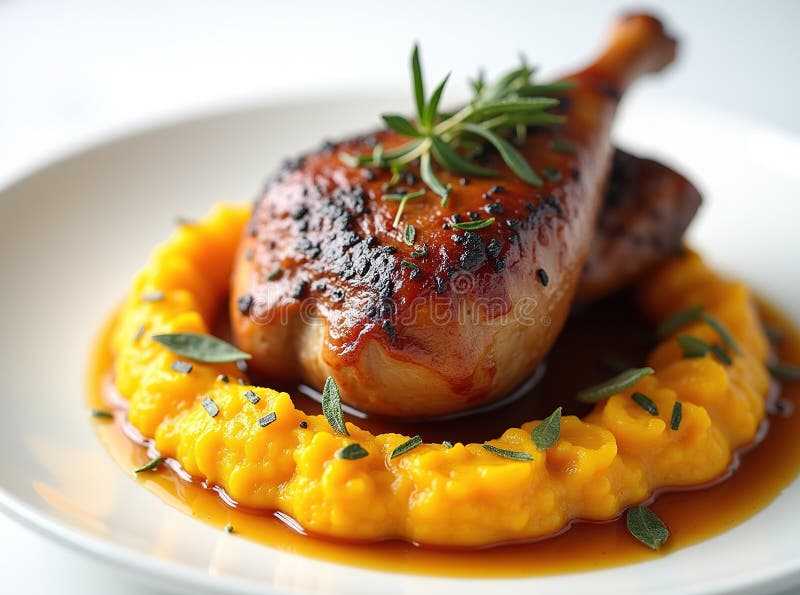 Ein knuspriges, geröstetes Duckheft Savory Roasted Duck Leg mit cremiger Mashed Pumpkin Sage und Knolic an lizenzfreie abbildung