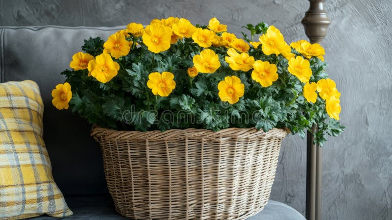 Ein Weidenkorb, gefüllt mit leuchtend gelben Blumen, steht auf einem grauen Sofa und erzeugt eine gemütliche und fröhliche Szene stock abbildung