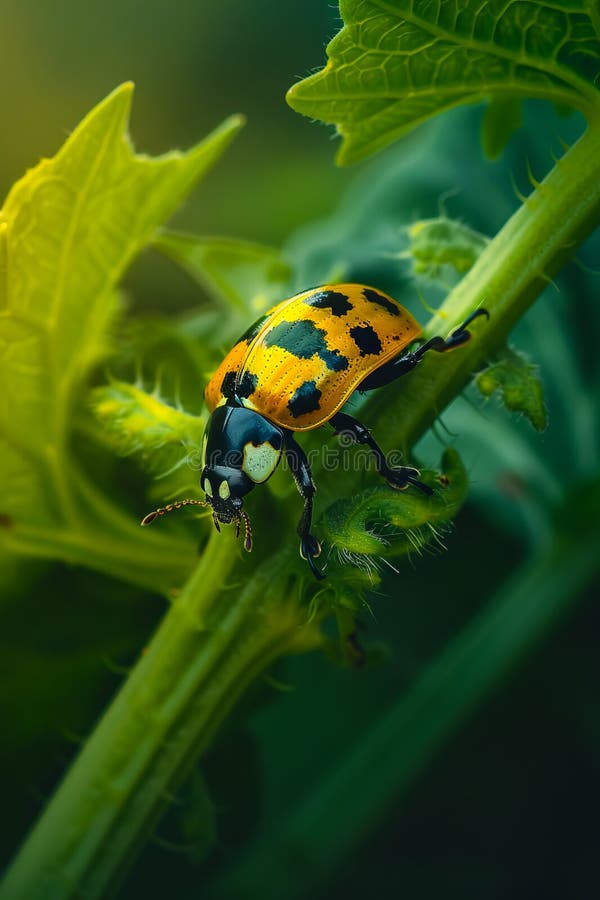 Ein Käfer sitzt auf einer grünen Pflanze stockfoto