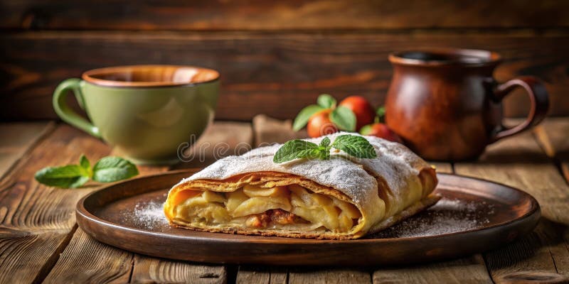Ein köstlicher Apfelstrudel mit Zuckerpulver auf rustikalem Holztisch serviert mit Tee. Generative AI stock abbildung